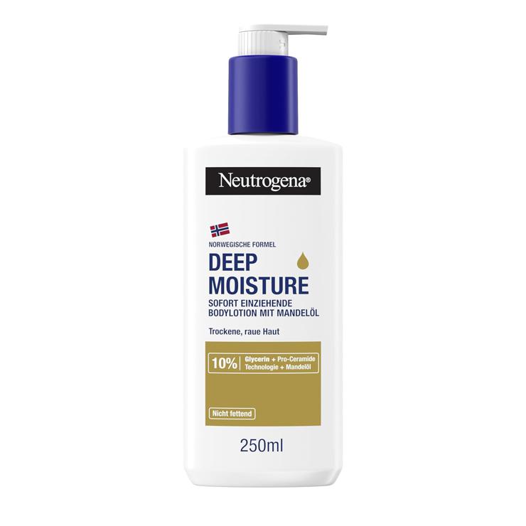 Neutrogena Norwegian Formula Deep Moisture Body Lotion (250 ml), Instantly Absorbing Body Lotion for 72 Hours of Moisture, Non-Greasy Lotion with Glycerine, Pro-Ceramides & Almond Oil for Dry, Rough