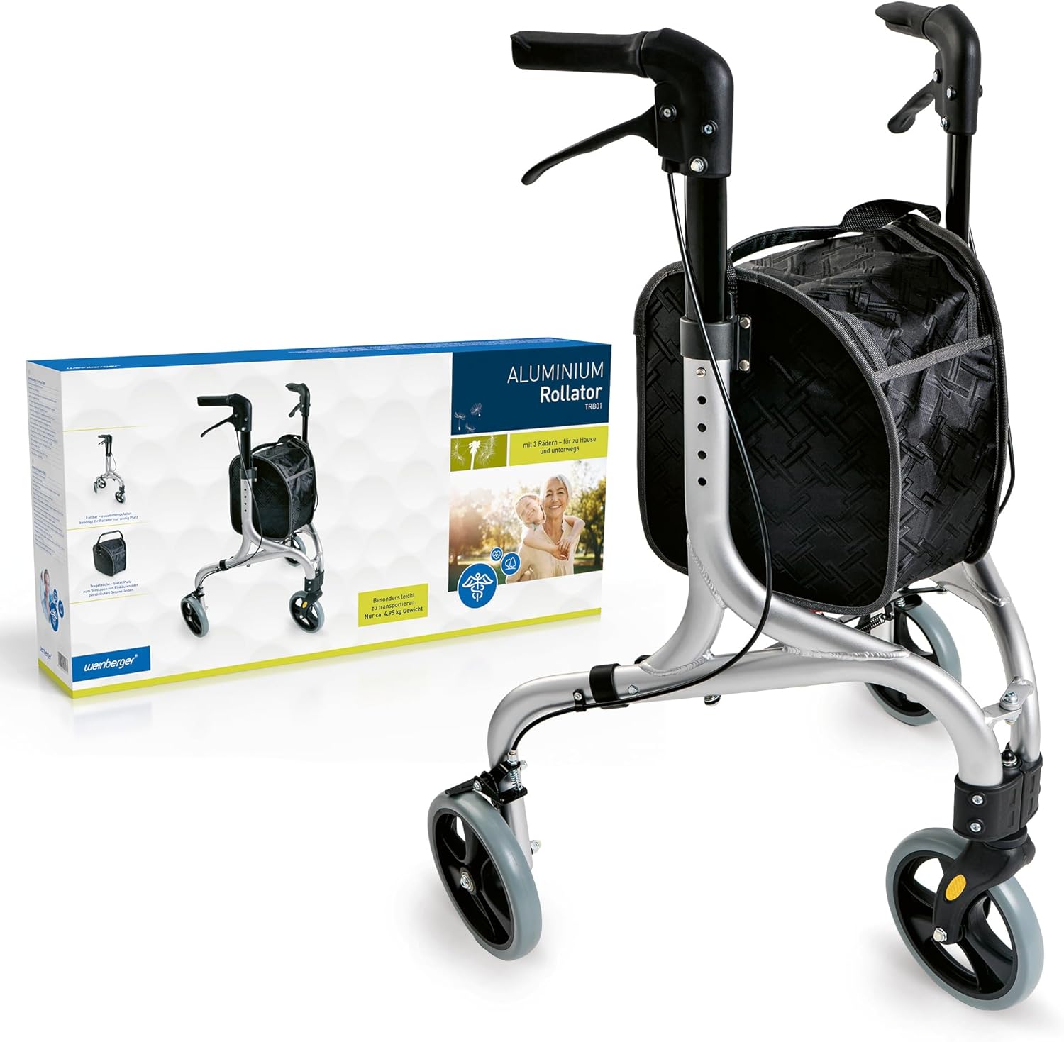 Weinberger Aluminium Rollator with 3 Wheels, Foldable with Removable Bag, Slim, Lightweight and Manoeuvrable, Sturdy, Only 4.2 kg, Colour: Silver, Model: 02217