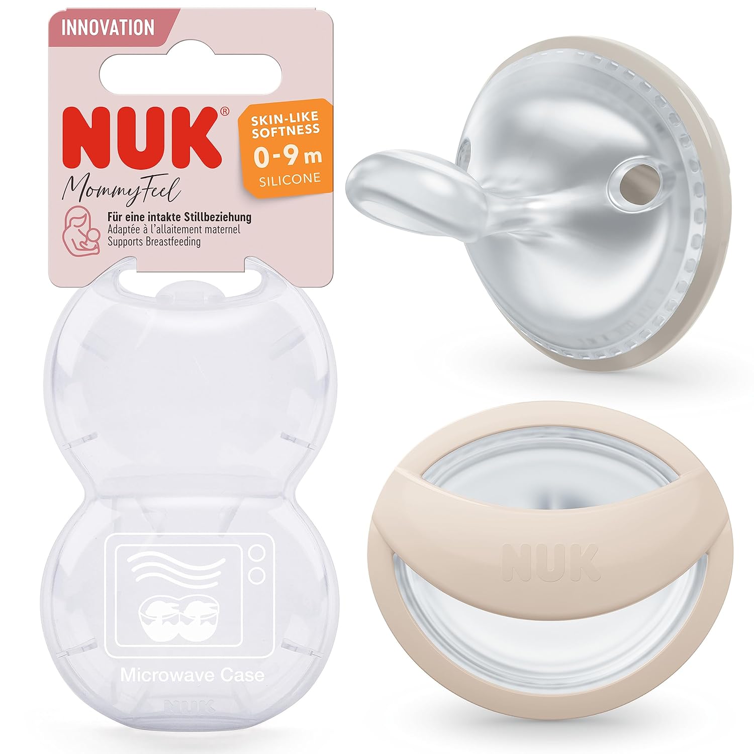 NUK MommyFeel Baby Dummy, 0-9 Months, Breastfeeding-Friendly Teats, BPA-Free Silicone, Greige & Sandstone, Pack of 2