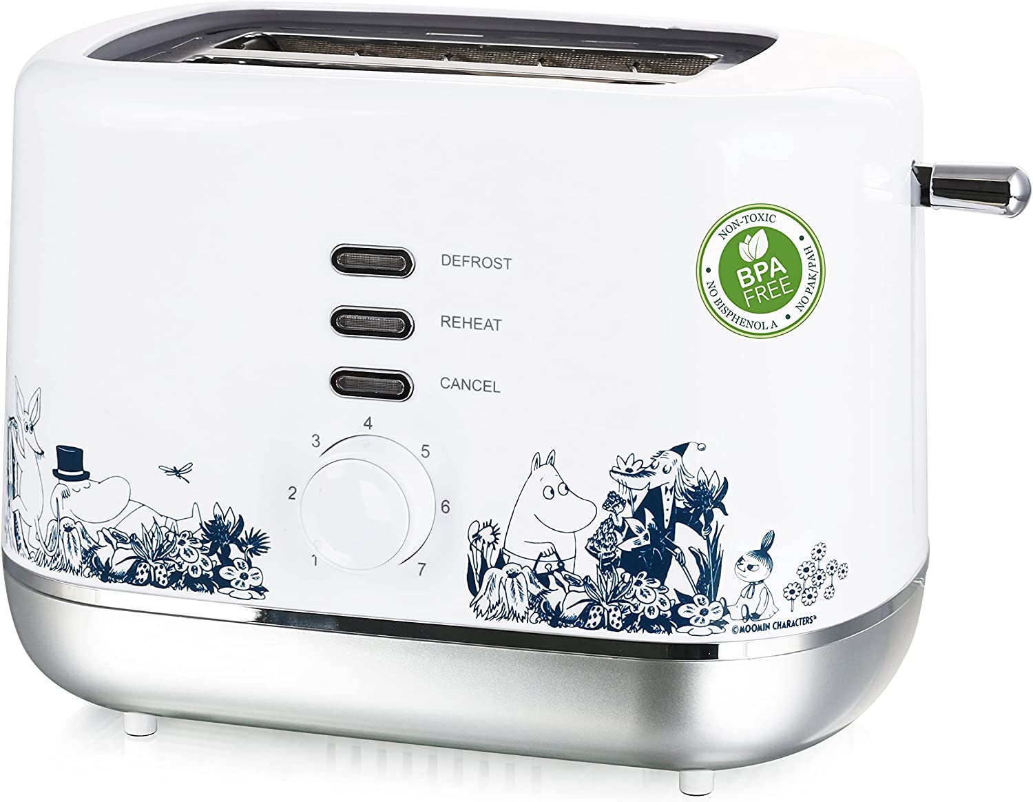 Emerio Moomin Toaster With 2 Extra Toast Slots and Centring Function, Removable Crumb Drawer, Demolition / Reheeat Buttons, 7 Adjustable Browning Levels, 850 W, BPA Free