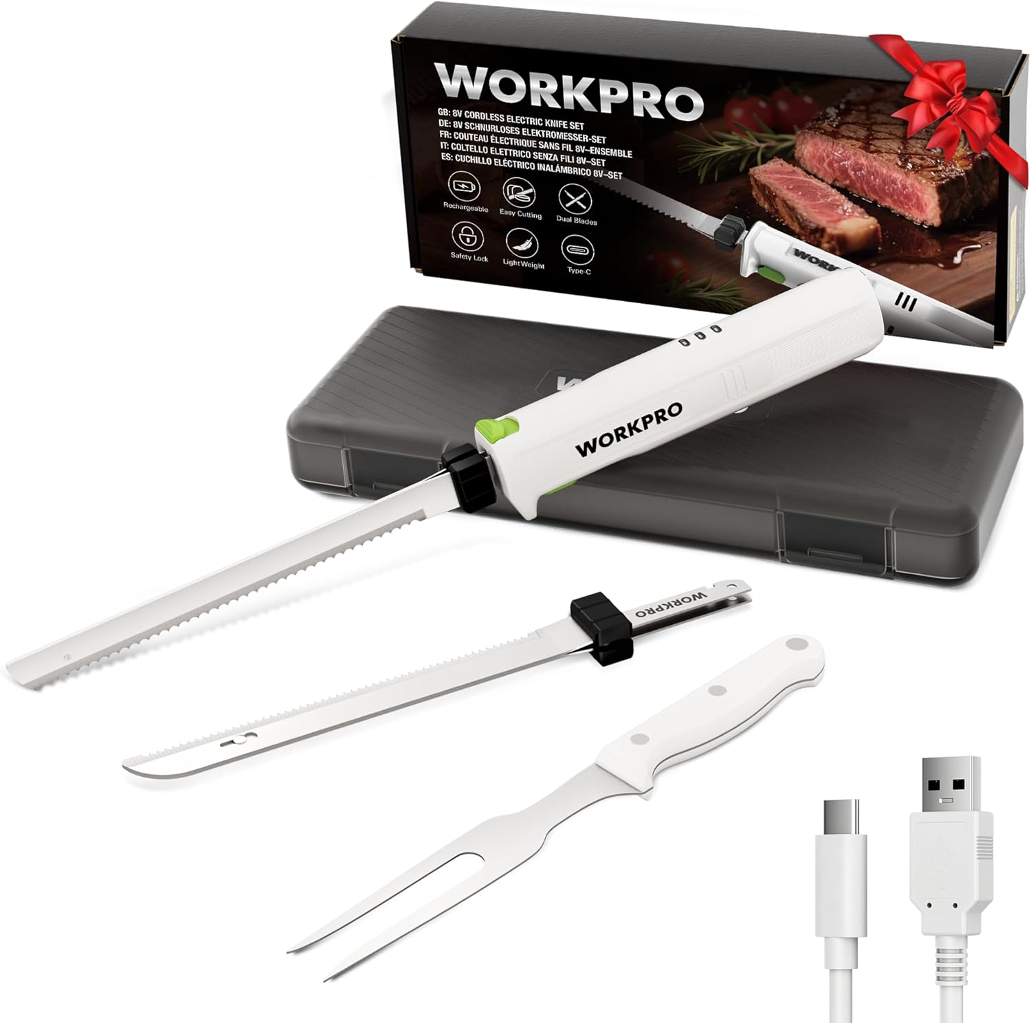 WORKPRO Electric Knife 8 V, Wireless Kitchen Knife with 2 Stainless Steel Blades, Electric Knife with Fork, 2000 mAh Battery for Precise Cutting of Bread, Meat, with Storage Box, White