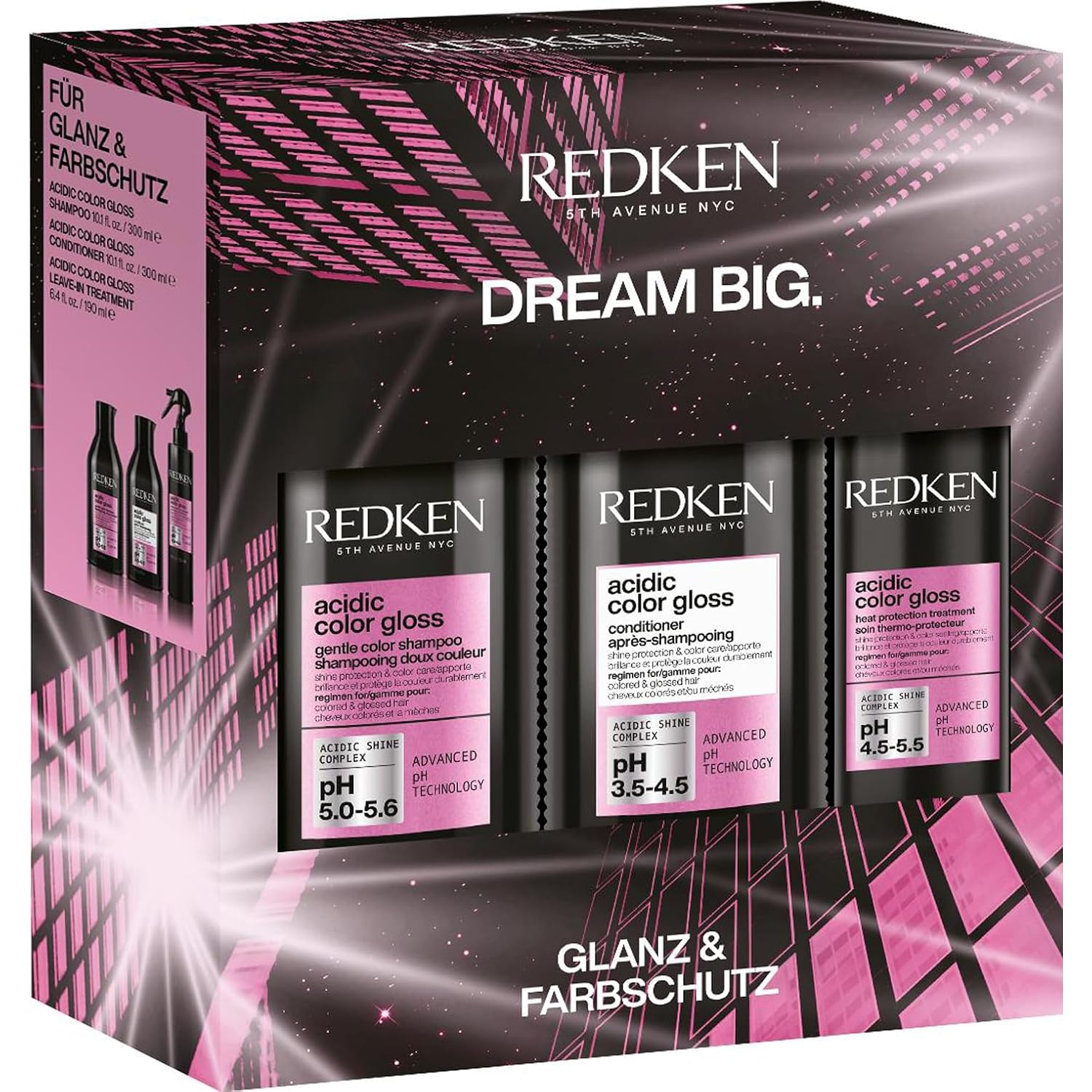 Redken Care Set with Shampoo 300 ml, Conditioner 300 ml and Leave-In Spray 190 ml for Cleaning and Color Protection for Colored Hair, with Shine Complex and Heat Protection up to 230 °C, Acid Color