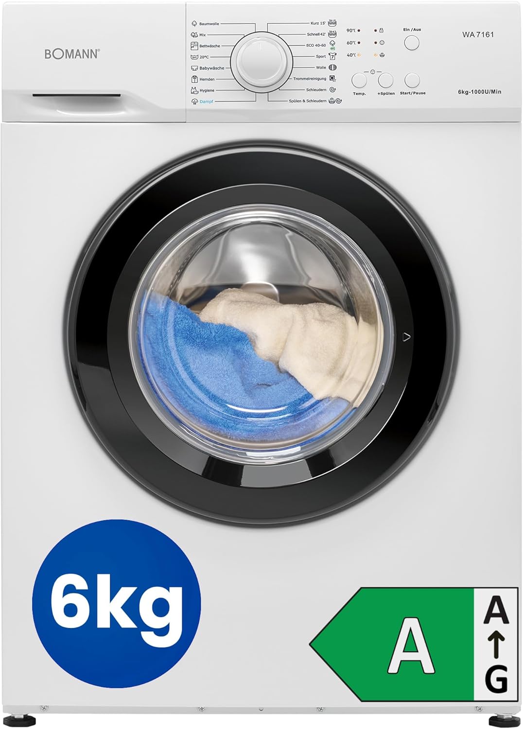 Bomann Washing Machine 6 kg | Max. 1000 rpm | 5 Year Motor Warranty | Brushless DC Motor: Efficient, Quiet and Durable | Temperature up to 90°C | 16 Programmes | Washing Machine | WA 7161