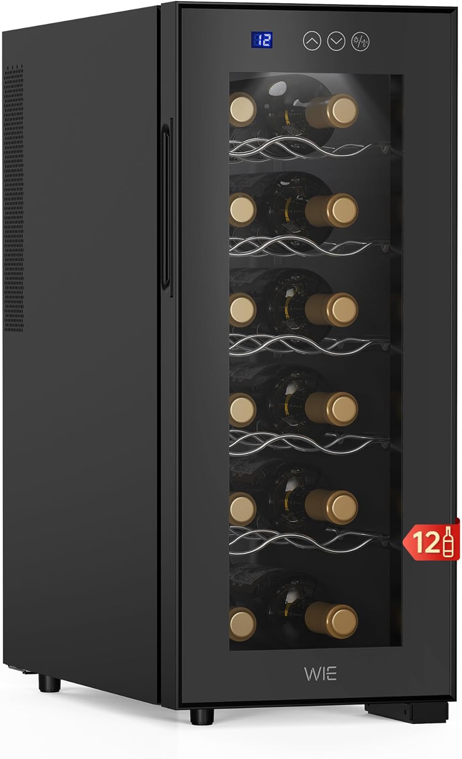 HOW Wine Fridge 1 Zone 33 Liters 12 Bottles Drinks Fridge Wine Cabinet Small Wine Fridge Mini with Glass Door Full Glass Design Door with LED Touch Panel Anti-UV Wine Fridge