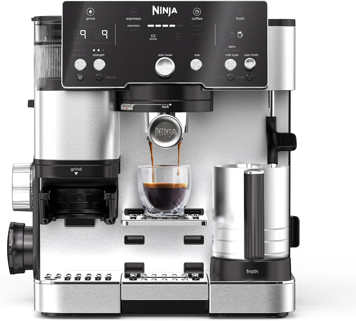 Ninja Luxe Essential ES501EU 2-in-1 Coffee Maker with Grinder and Frother for Latte, Cappuccino & Espresso, Easy to Use, 2 Presets for Frothing, Silver