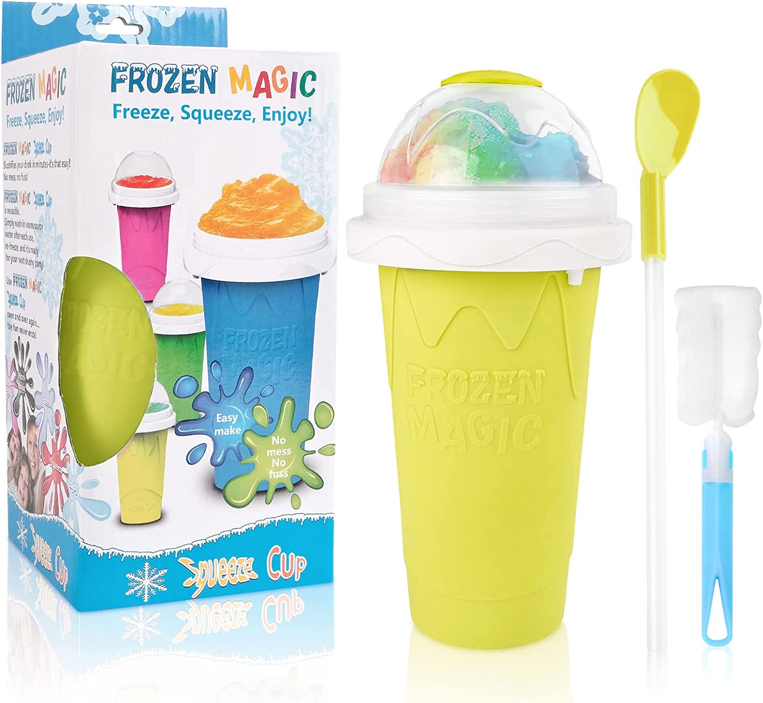 Mengqile Slushy Maker Cup, Slush Ice Cup Slush Ice Maker with 2 in 1 Straw and Spoon Slush Cup Slushy Cup Magic Quick Frozen Smoothies Cup for Diy Cola Or Juice (Yellow)
