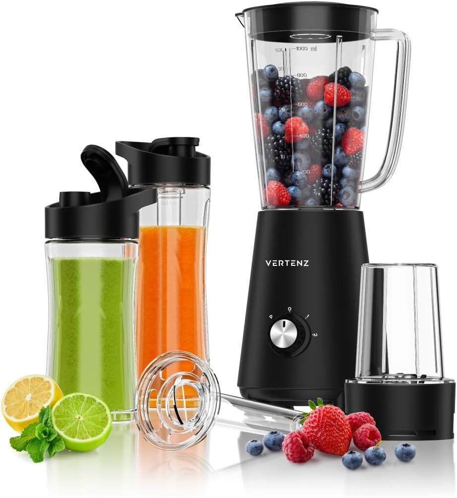 Vertenz Titan 30 | Blender smoothie mixer | Container 1000 ml | To-go Drinking Bottle 400 ml and 600 ml with Ice Pack | Coffee Grinder | Titanium Coated Blades | Dishwasher Safe | 800 W | Black