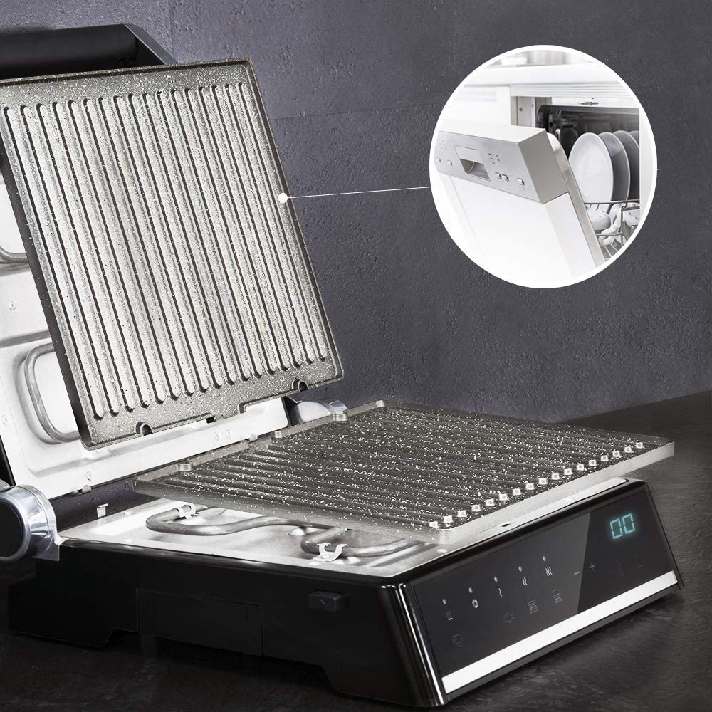 Cecotec Rock\'nGrill Smart. 2000 W power, time and temperature setting system, 180° opening, dishwasher safe removable plates, grease tray