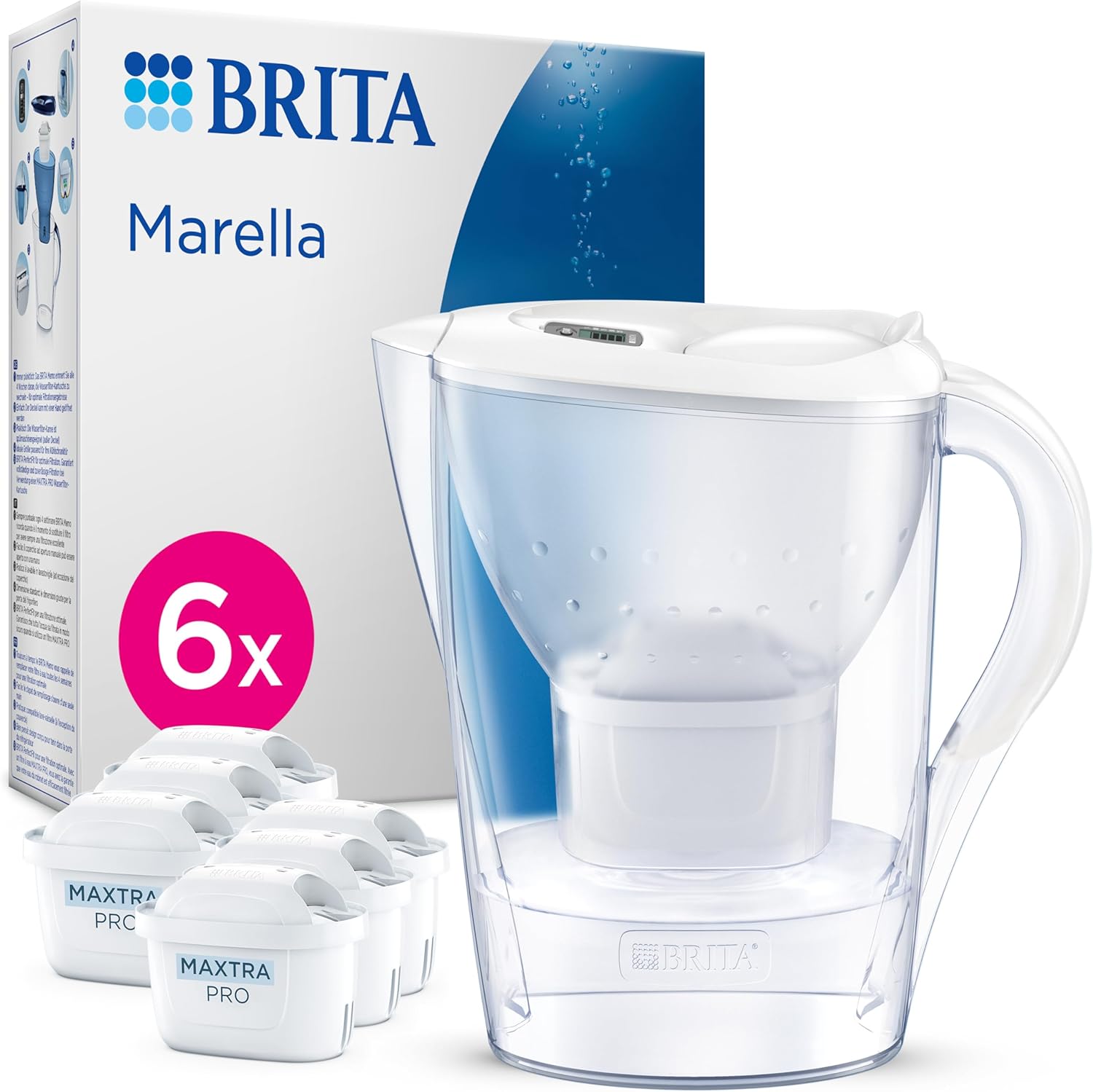 BRITA Marella Water Filter Jug White (2.4 L) Including 6x Maxtra Pro Pure Performance Cartridges (Half Year Package), Fridge Safe, Filter Jug with BRITA Memo, Folding Lid, Filters Impurities