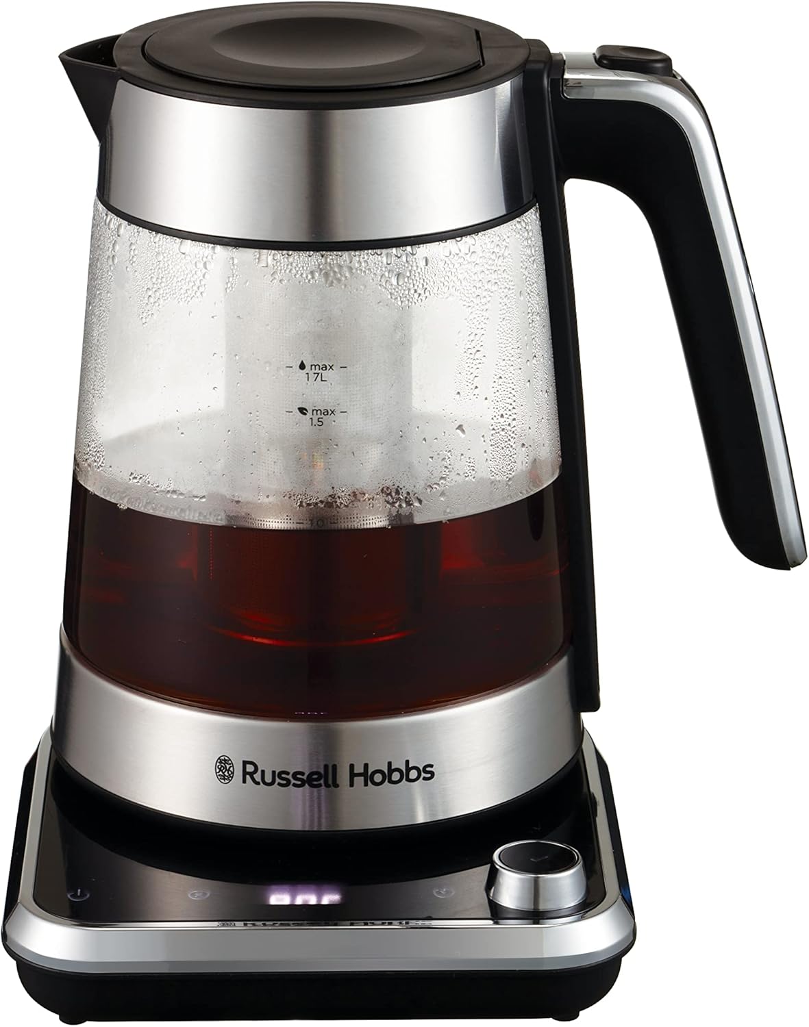 Russell Hobbs 26200-70 Glass Kettle with Temperature Setting and Tea Strainer [40-100°C] Attentiv Stainless Steel (Digital Touch Control Panel, 2400 W, 1.7 L, for Baby Food etc., Keep Warm)