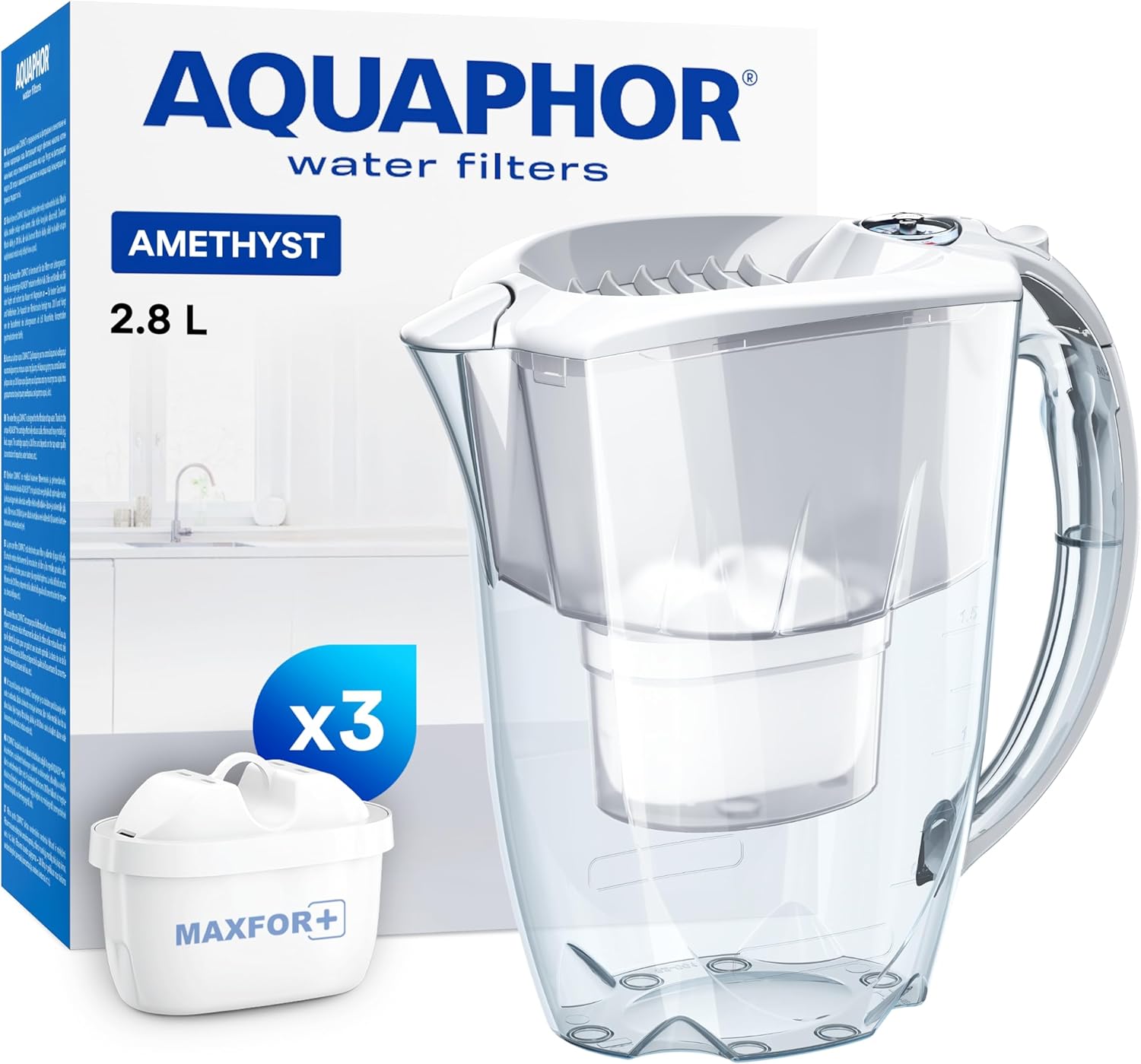 Aquaphor Amethyst Filter Jug - Drinking Water Jug with 3 Original Cartridges Maxfor Plus, Colour: White