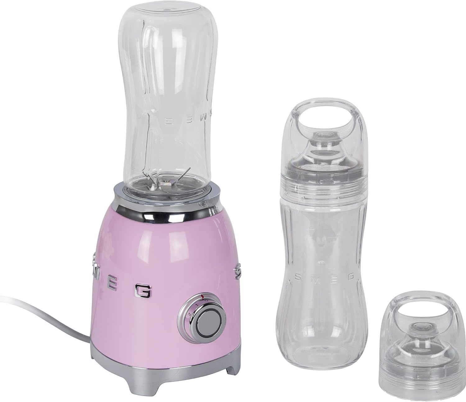 Smeg, Personal Blender PBF01PKEU 2 Speed ​​Stainless Steel Double Blade 2 x 600ml Bottles Included Non-Slip Base Integrated Cable Winder 300W Rose