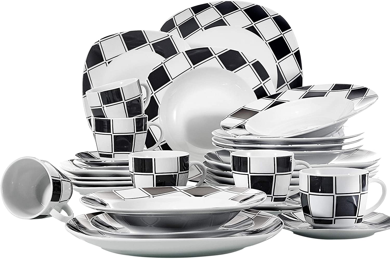 VEWEET Nicole Dinner Service 30 Pieces Porcelain with Coffee Cups 175 ml Saucer Dessert Plates Dinner Plates and Soup Plates Crockery Service for 6 People