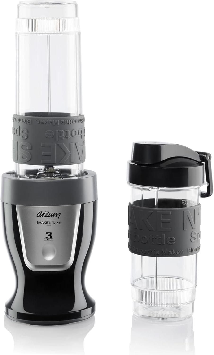Arzum 500 W Personal Blender Smoothie Maker, 570 ml & 400 ml BPA-Free Bottles, Stainless Steel Blades, Non-Slip Silicone Ring, One Button Operation, Black