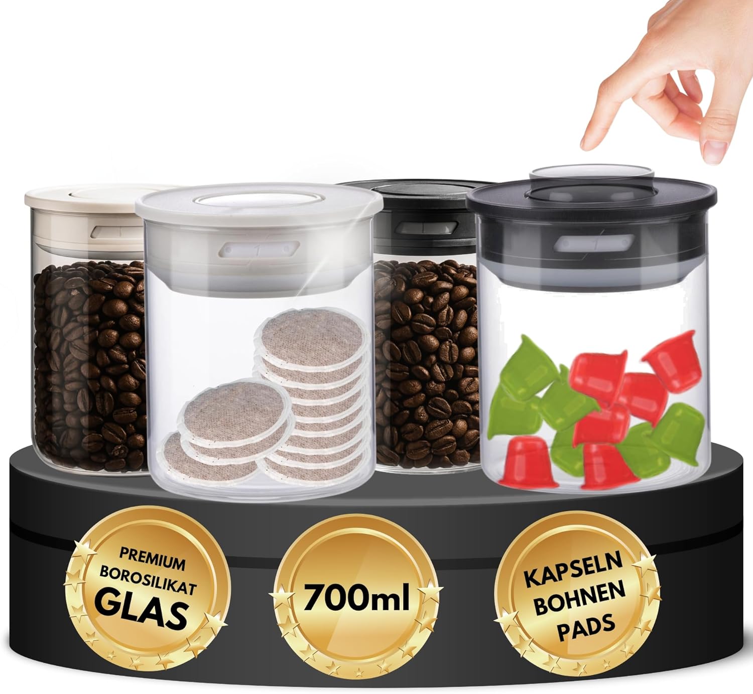 TronicXL Vacuum 4 x Coffee Canisters Tea Canisters Storage Container Vacuum Container with Aroma Lid Airtight for Coffee Beans Coffee Pods Coffee Capsules Compatible with Nespresso Dolce Gusto Senseo Tchibo