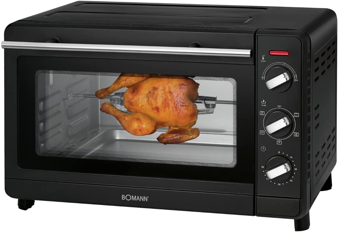 Bomann MBG 6023 CB Multi-Purpose Oven 30 Litre Oven / Recirculation + Top and Bottom Heat / Includes Rotisserie and Pizza Stone / 90 Minute Timer with End Signal / Black