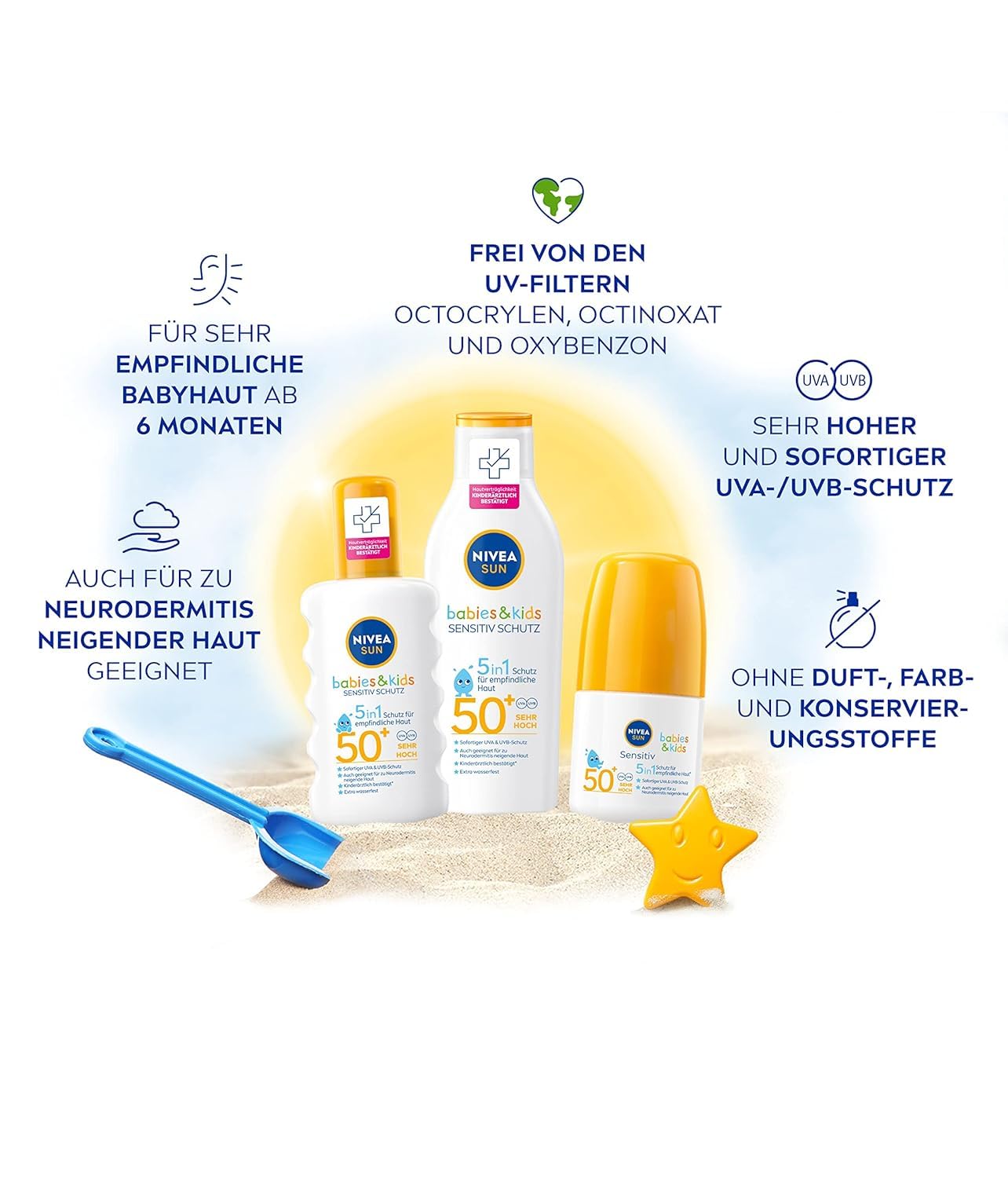 NIVEA SUN Babies & Kids Sensitive Protection Sun Lotion SPF 50+ (200 ml), Extra Waterproof Sun Cream with SPF 50+, Sun Lotion for Children without Perfume (Pack of 2)