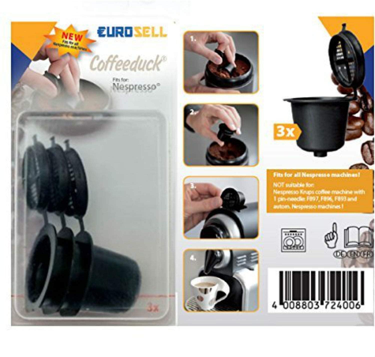 Eurosell Set of 3 Coffeeduck Espresso Capsule for Compatible with DeLonghi De ́Longhi Krups etc. Nespresso Machines Capsule for Refillable Filtration