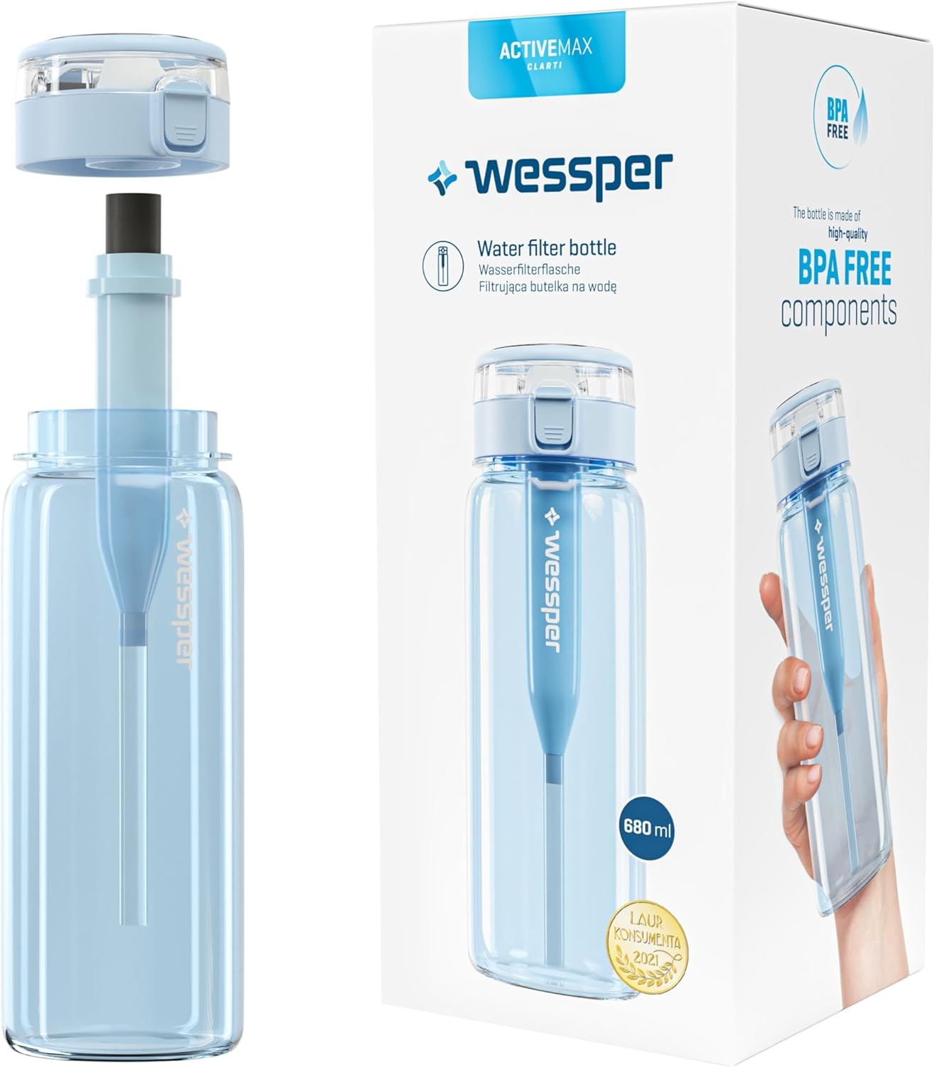 Wessper Drinking Bottle 680 ml with Water Filter, Leak-Proof Sports Bottle, BPA-Free with Activated Carbon Filter, Tritan Water Bottle for Sports, Gym, Fitness, Bicycle, School and Children