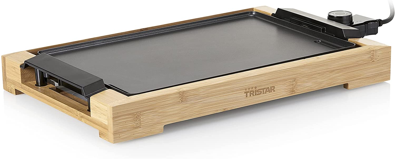 Tristar BP-2786 Table Grill / Barbecue Grill with Smooth Grill Plate, 2000 Watt Power, a Grill Surface of 37 x 25 cm, Bamboo Housing