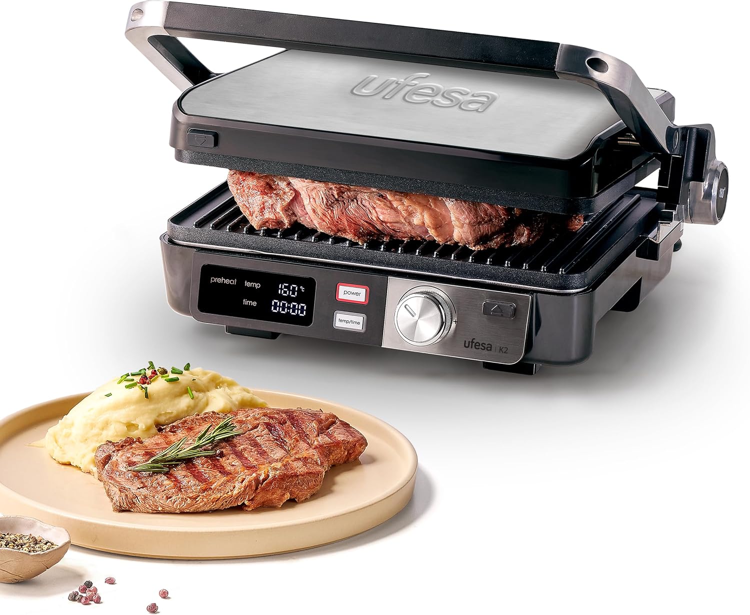 Ufesa K2 Electric Grill 2000 W - Sandwich Maker, Electric Hob and Grill, 180º Opening, LED Display, Temperature Control, Height-Adjustable Top Plate, Non-Stick Plates