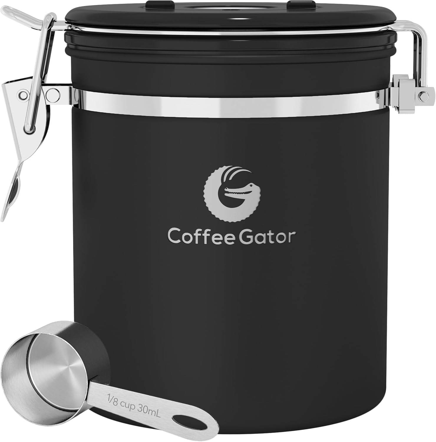 Coffee Gator Coffee Canister Stainless Steel, Airtight Storage Jar with Lid, Date Tracker, CO2 Release Valve, Measuring Spoon, for Coffee Beans, Coffee Powder, Nuts, Tea, Sugar, Flour