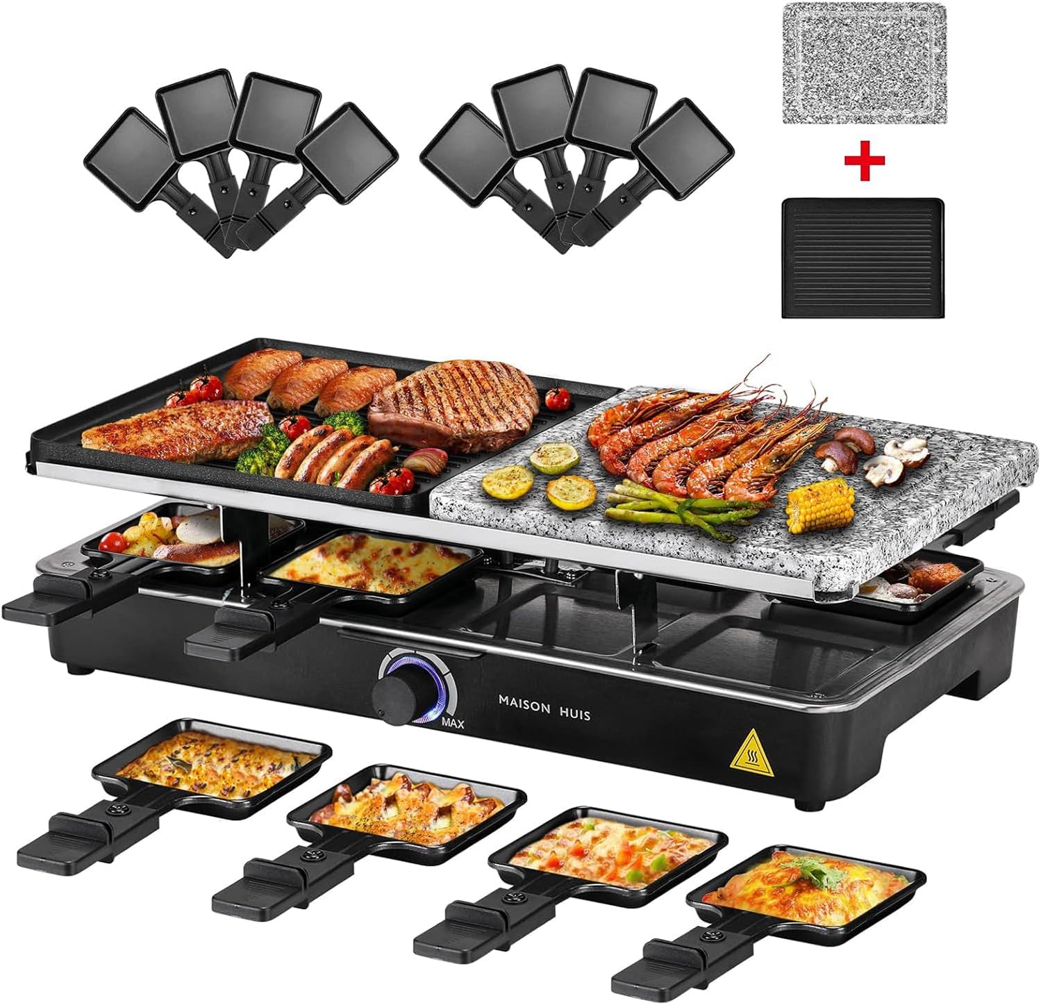 MAISON HUIS Raclette Grill with Natural Grill Stone and Grill Plate, 2-in-1 Raclette Grill, 8 People Grill Plate, Table Grill, Electric Grill, Hot Stone, 1400 Watt with 8 Pans