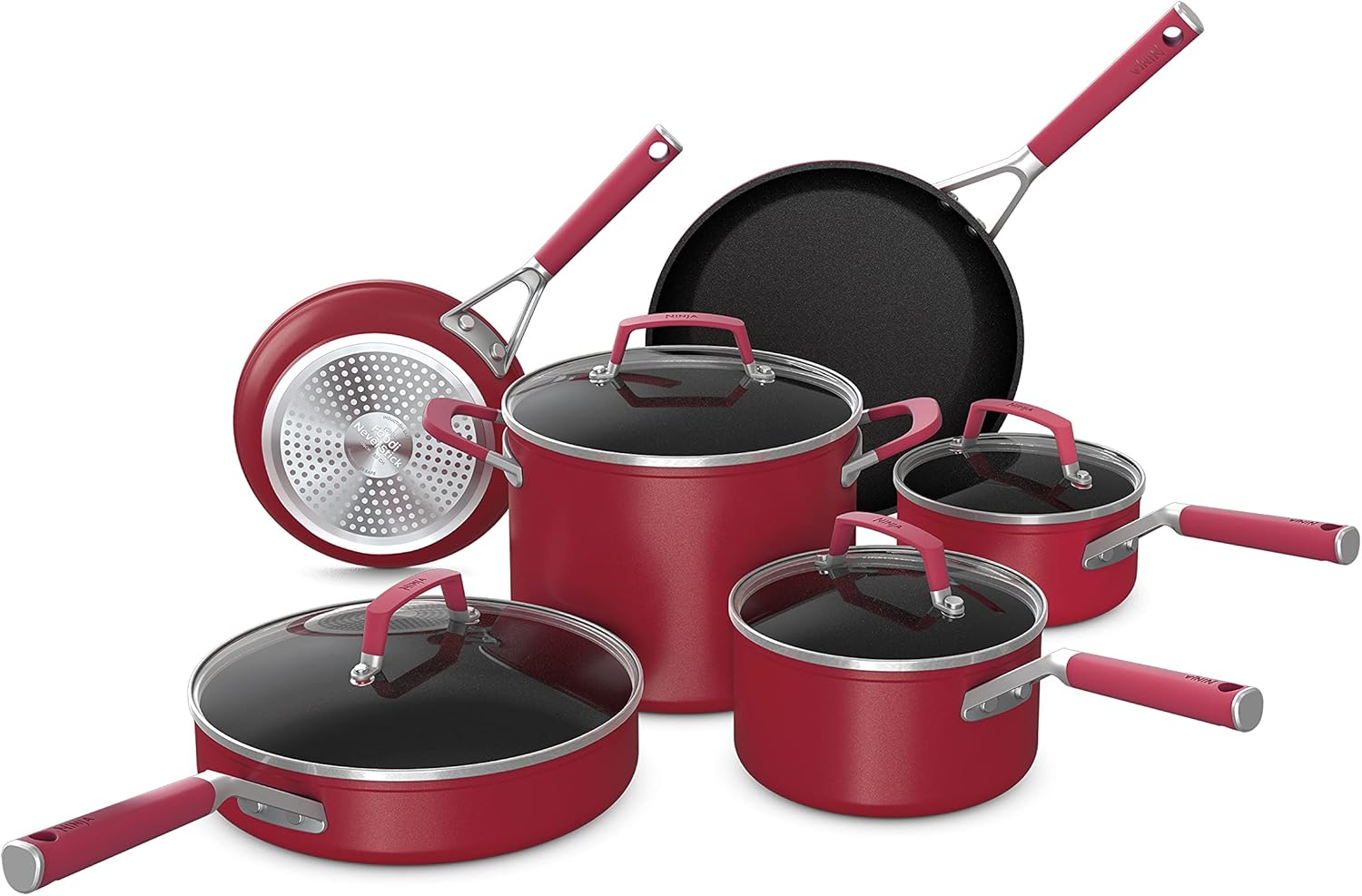 Ninja C29500 Foodi NeverStick Vivid 10 Piece Cookware Set with Lids Non-Stick Durable and Oven Safe up to 200°C, Cool Touch Handles, Crimson Red