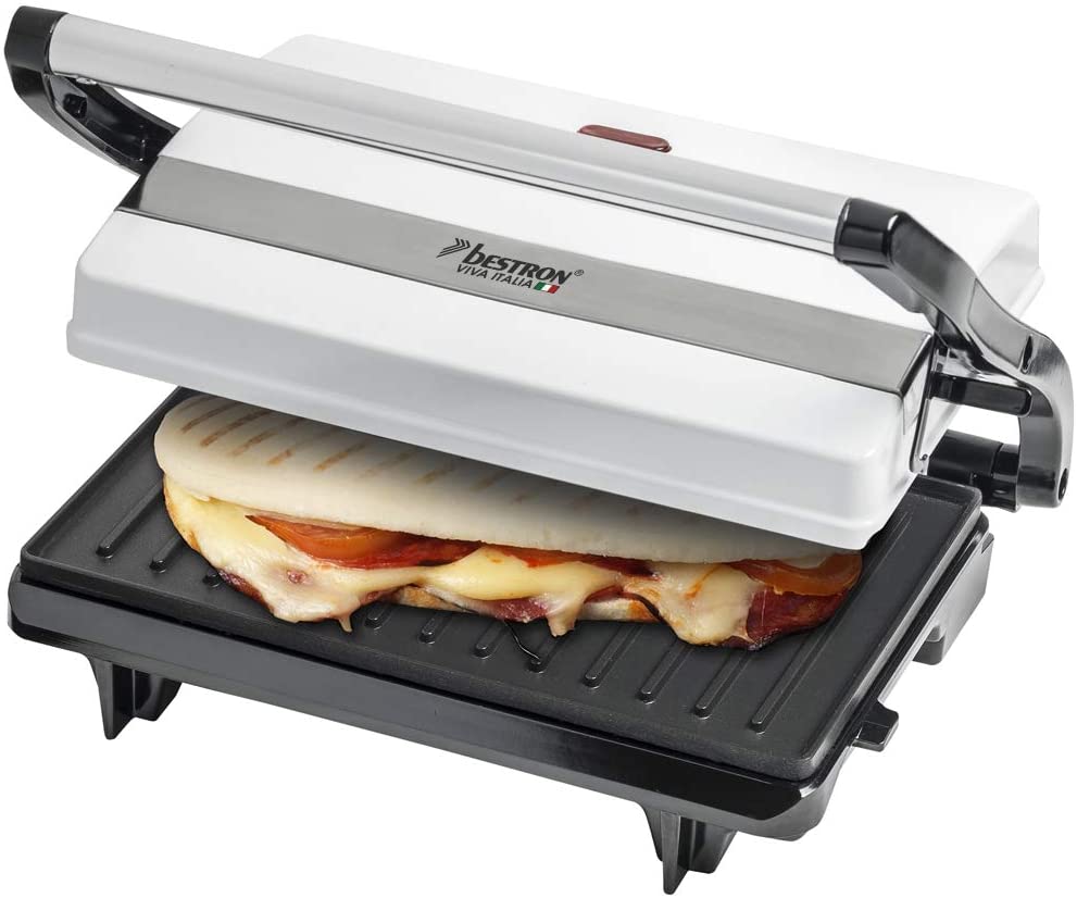 Bestron Contact grill with drip tray, sandwich maker with cool touch handle, panini maker with non-stick coating, 700 watts, APM123W, colour: white