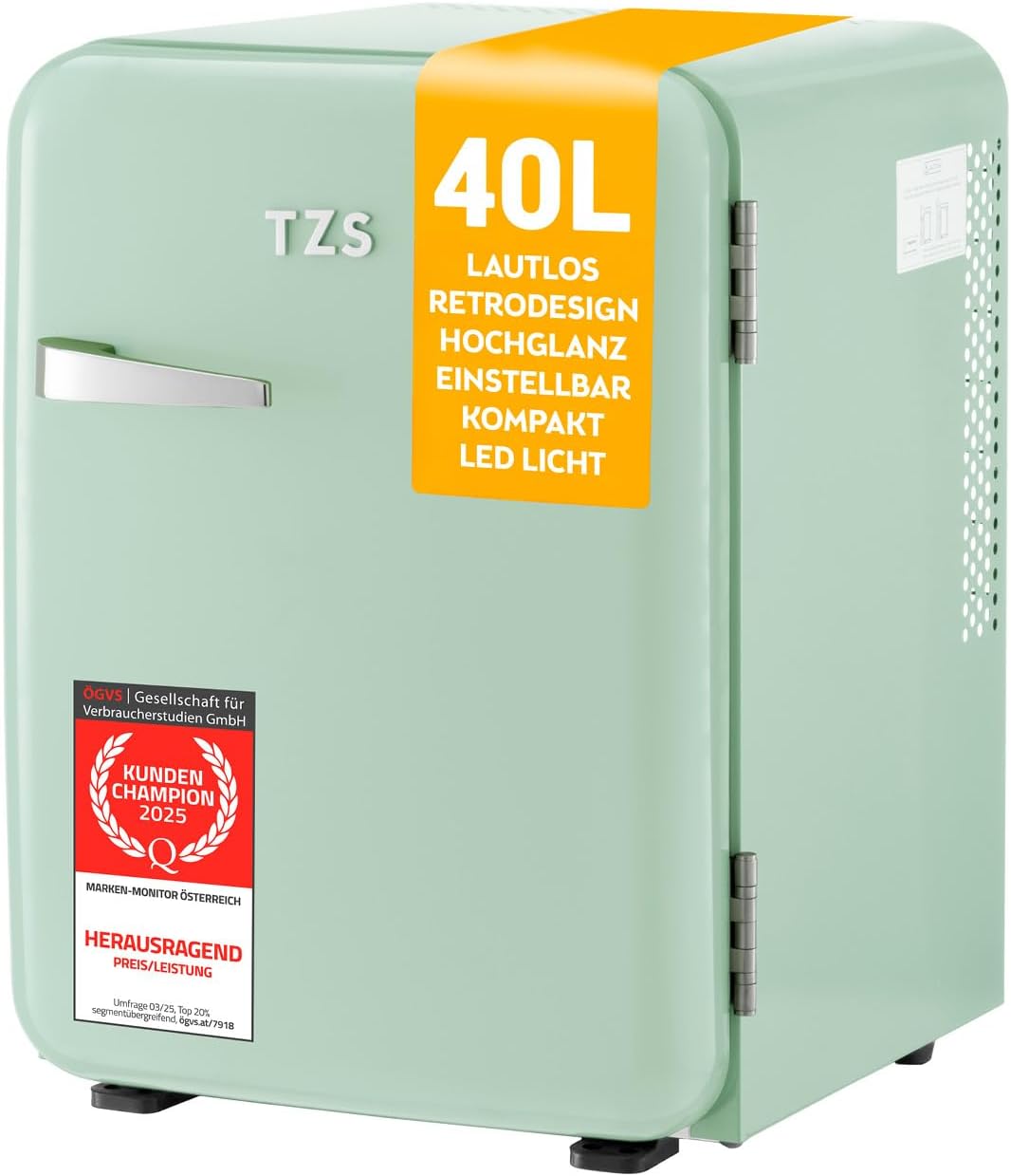 TZS First Austria - Retro Mini Fridge 40 L Silent - Small Mini Fridge in Vintage Design with Interior Lighting and 2 Door Compartments - Mini Bar for Camping, Office, Bedroom & Hotel - Mint