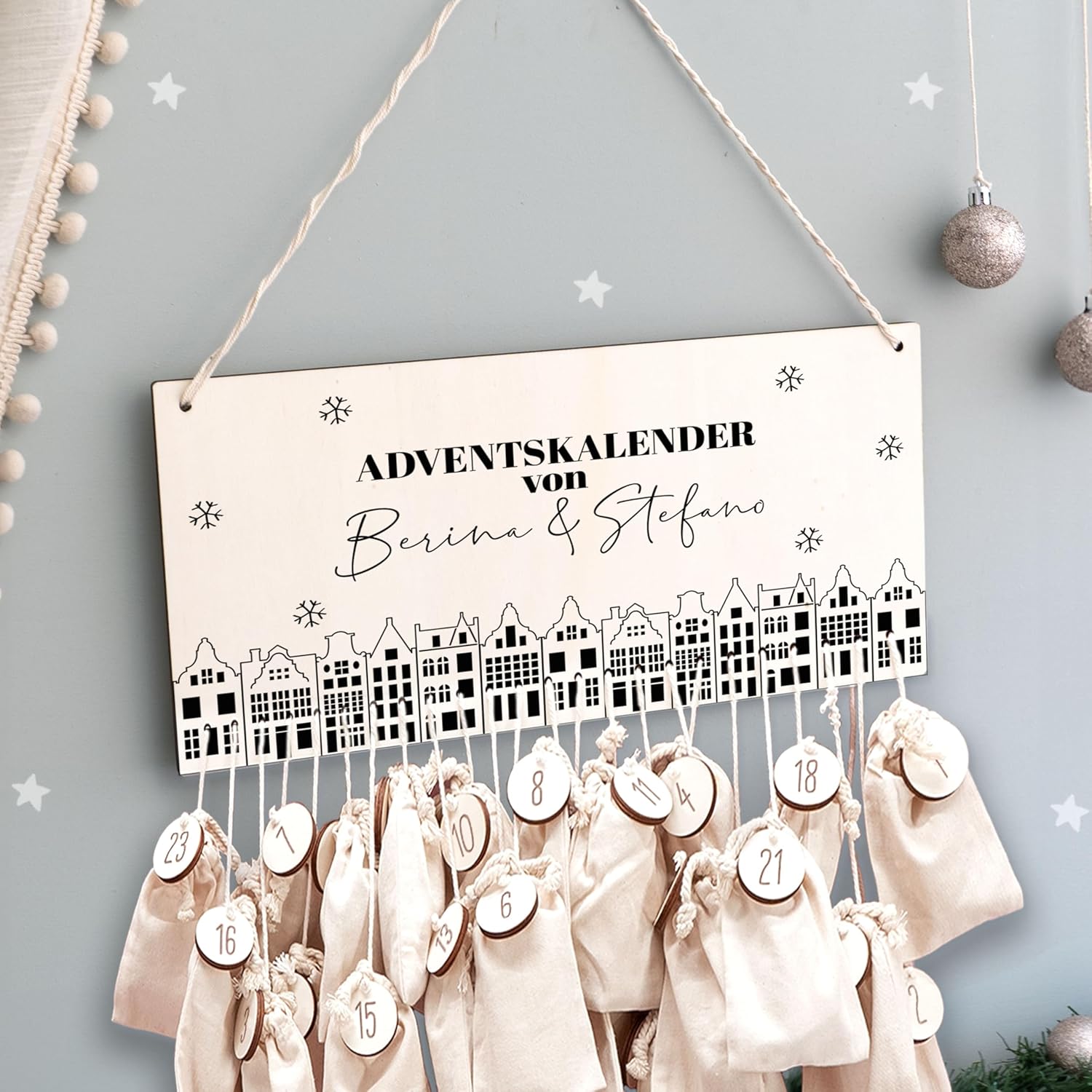 Advent Calendar Personalized for Children | Advent Calendar to Fill Made of Wood | Wall Mounted Christmas Calendar DIY with Name | hellomini (City Couples)