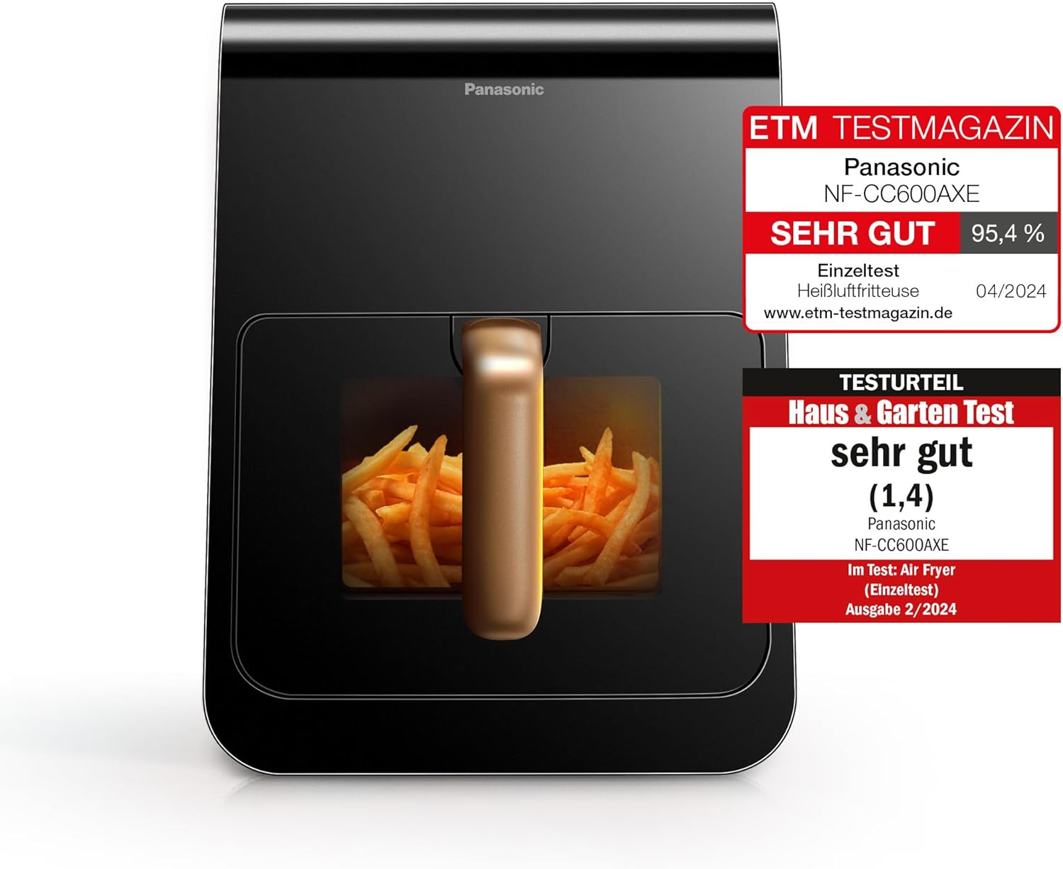 Panasonic NF-CC600AXE Air Fryer with Viewing Window, 6L, 80-200°C, Digital Timer & LCD Display, Gentle Steam Addition, 11 Presets, Easy Cleaning, Black with Rose Gold Handle
