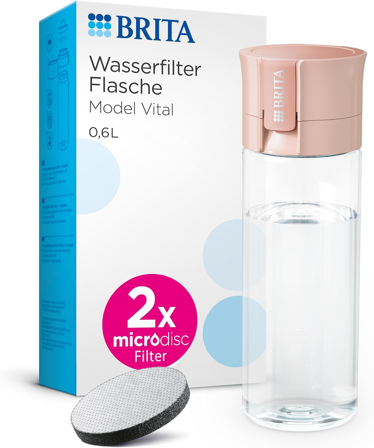 BRITA Water Filter Bottle Model Vital Apricot (600 ml) Including 2 MicroDisc Filters - Practical Water Bottle with Water Filter for Travel, Filters Chlorine & Bacteria When Drinking/Dishwasher Safe