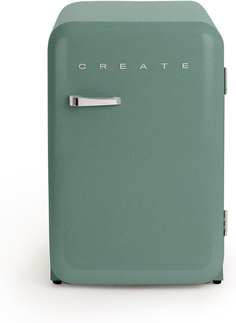 CREATE Retro Friend 83.5 Silver Fridge Sage Green Handle 98 W Low Consumption 2 Shelves Temperature Control Bottle Holder 56 x 54 x 84 cm