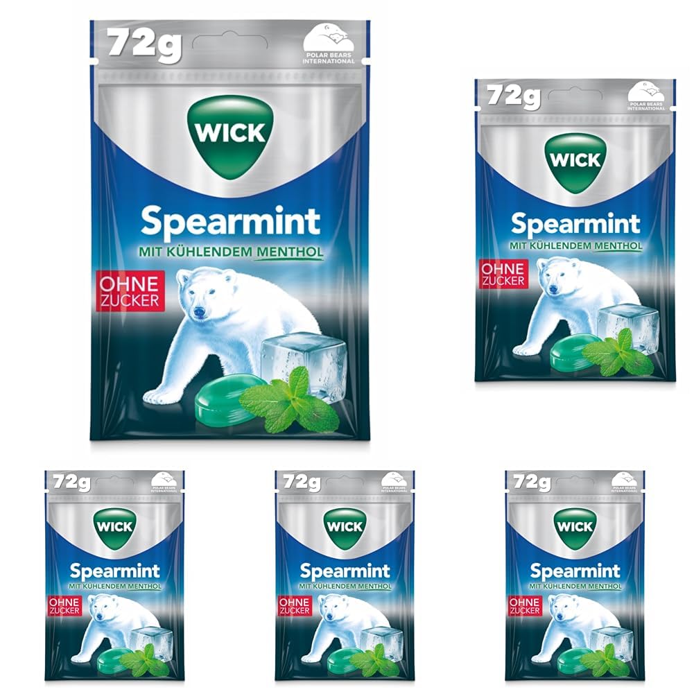 WICK Spearmint Cough Drops with Cooling Menthol, Sugar Free, Pack of 5 (1 x 72 g)