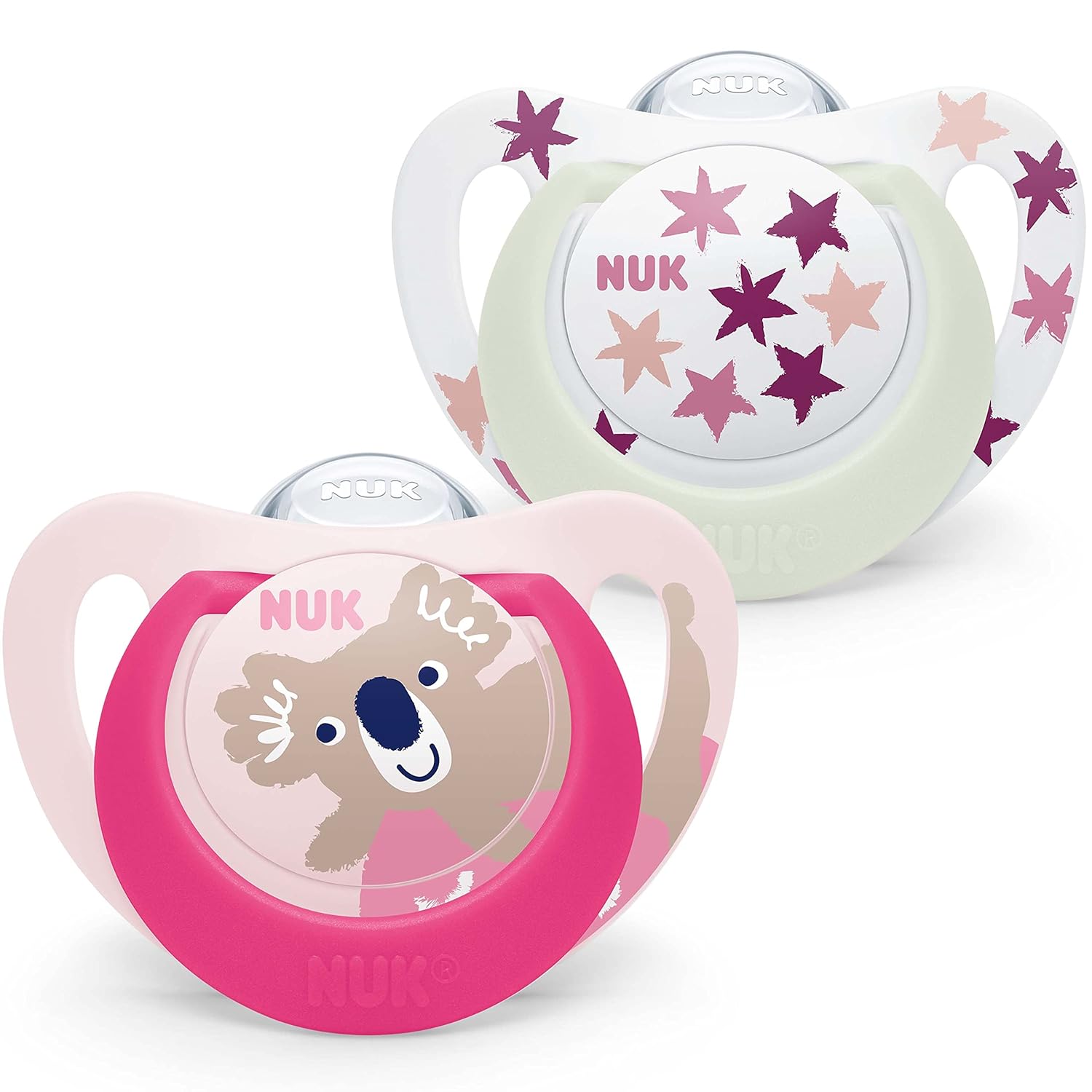 NUK Star Night & Day Baby Dummy, 6-18 Months, Glow in the Dark, BPA-Free Silicone, Koala, Pink, Pack of 2