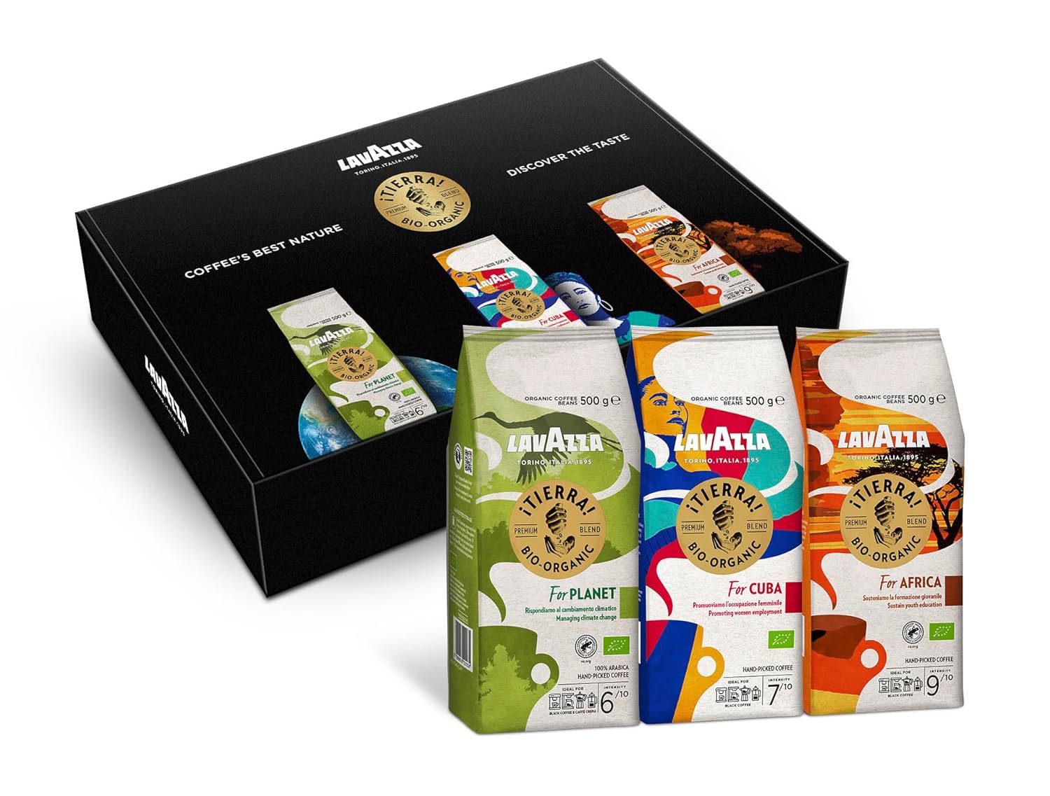 Lavazza, Tierra Hand Picked Organic Coffee Beans Tasting Kit - 3 Packs of 500g, Tierra for Planet, Tierra for Cuba, Tierra for Africa, 1500g