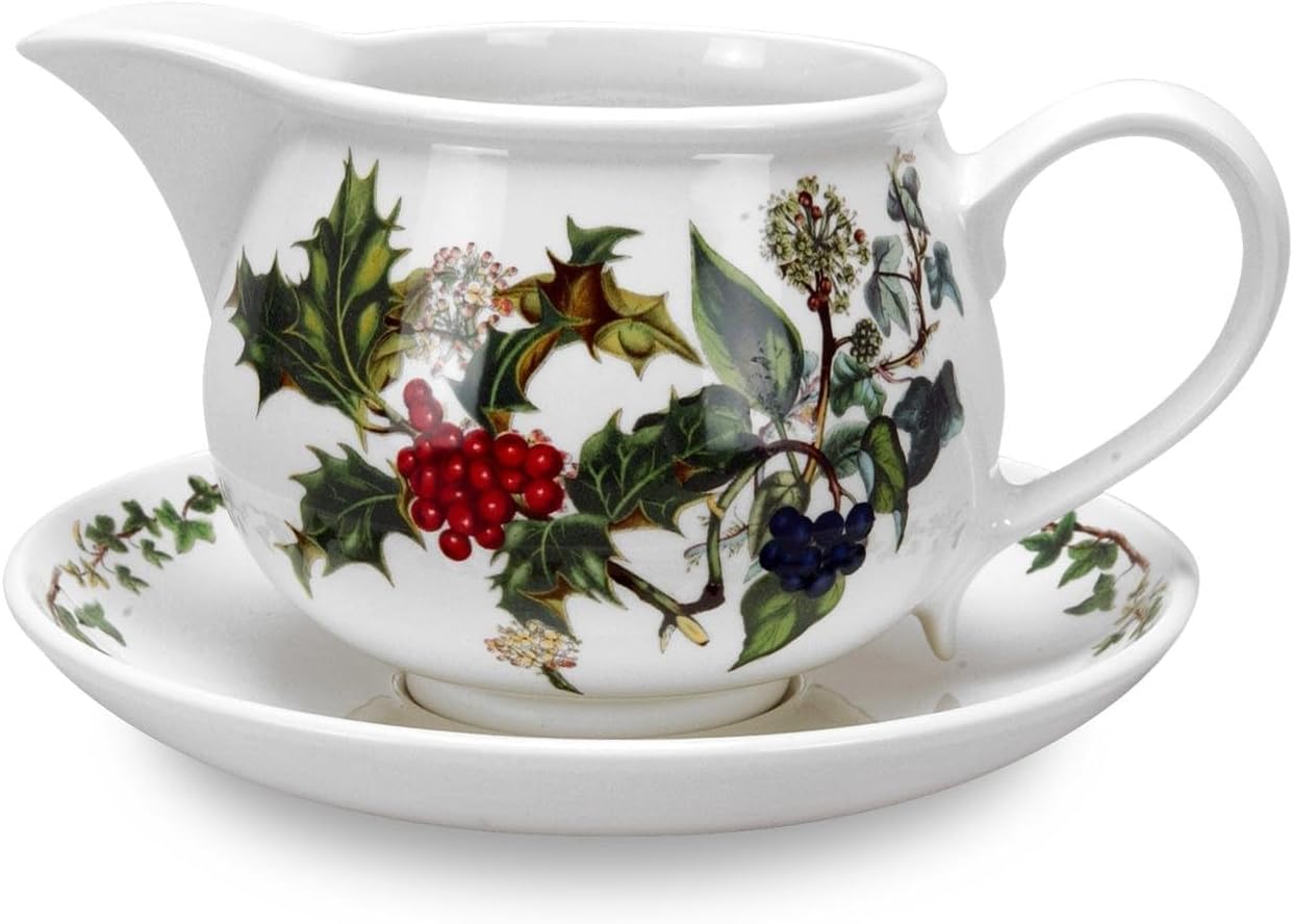 Portmeirion The Holly & Ivy Gravy Boat & Stand, Ceramic Multi-Colour, 17 x 18 x 11 cm