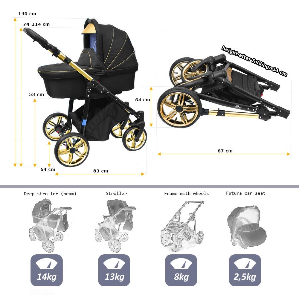 Skyline 3-in-1 Combination Pram with Aluminium Frame, Baby Cot, Sports Buggy Attachment and Baby Car Seat (ISOFIX)