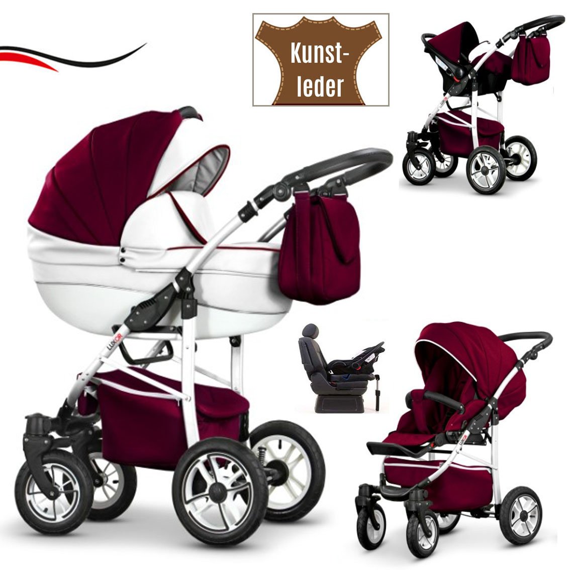 dein_babyladen 17 Piece Quality 4-in-1 Cosmo Eco Travel System – Artificial Leather: Pram + Buggy + Child Car Seat + Iso Base + Swivel Wheels – All Inclusive Package in 37 Great Colours