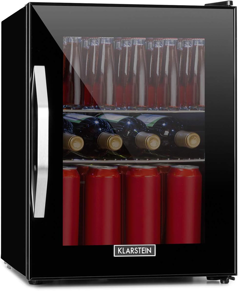Klarstein Drinks Fridge, Small Fridge with 2 Shelves, Mini Fridge Silent for Office Camping Outdoor, Mini Fridge with Glass Door, Mini Fridge 0-10°C, Beer Fridge 33 Litres, Black