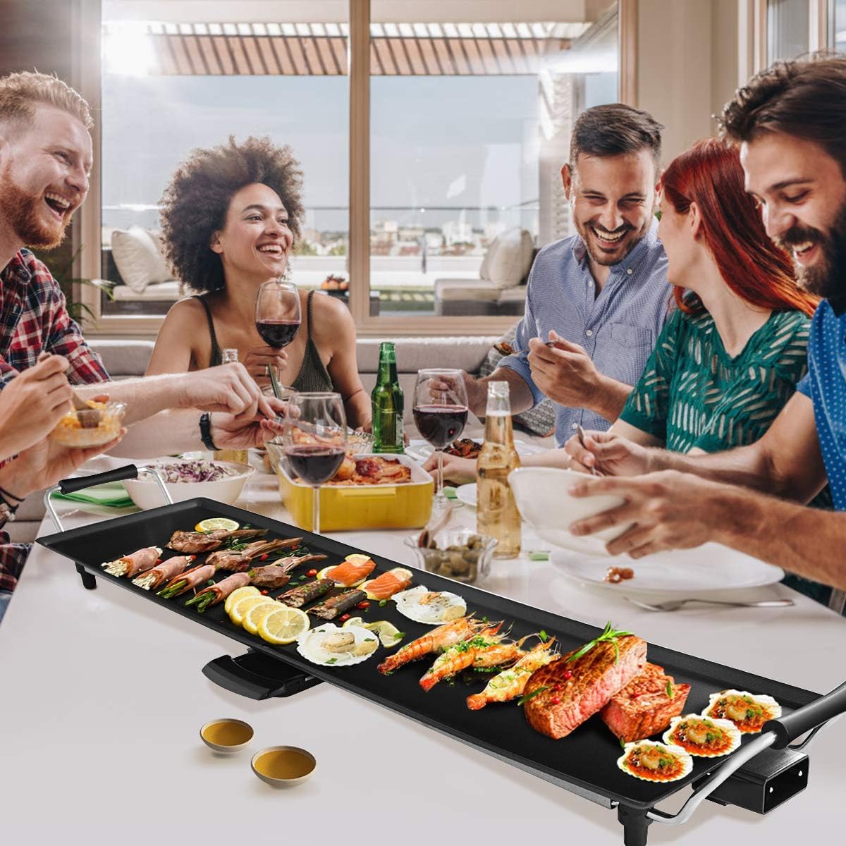 FANTASK Teppanyaki Grill 90 x 23 cm, Electric Grill Plate 1800 W, Electric Grill with Non-Stick Coating, 6 Wooden Spatulas and Non-Stick Egg Ring, Table Grill Temperature Adjustable