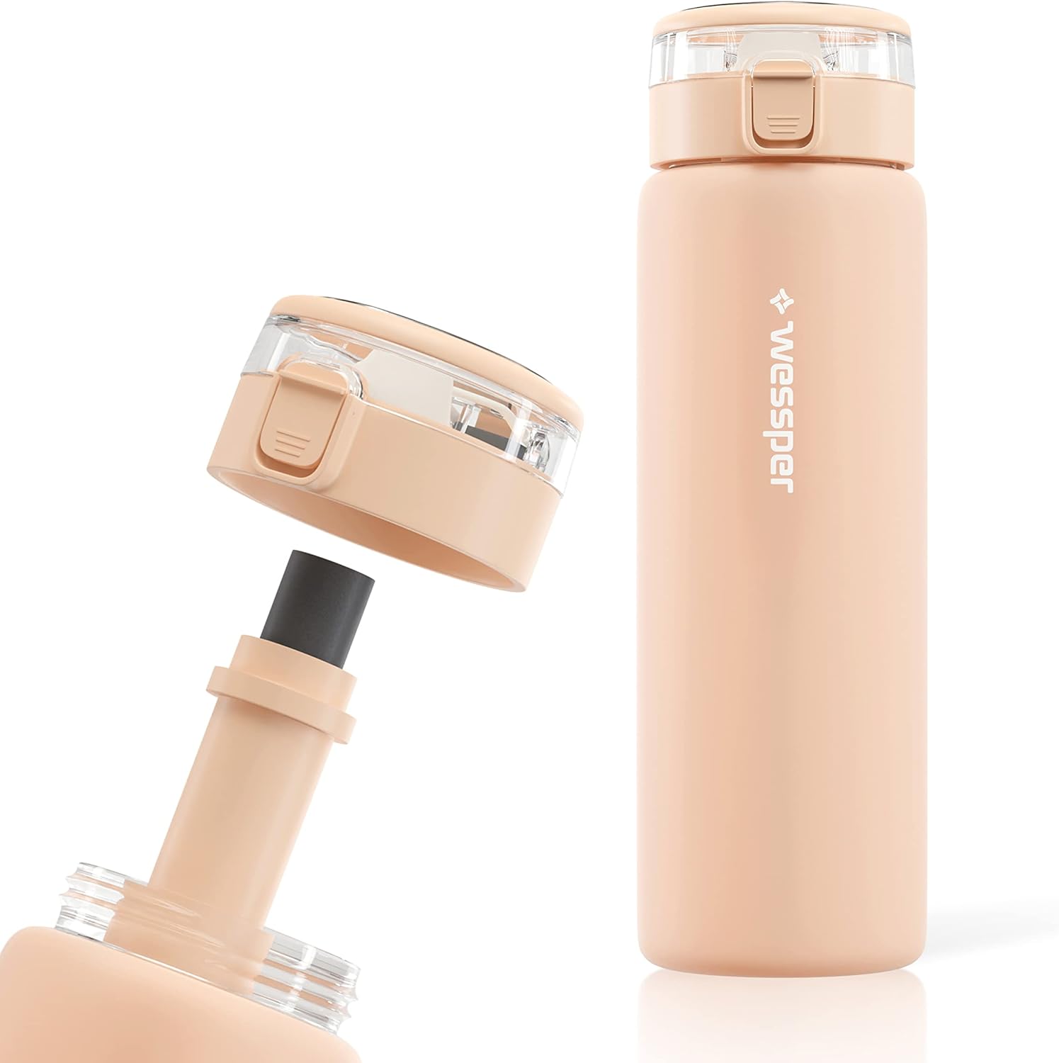 Wessper Glass Water Bottle 680 ml with Water Filter, BPA-Free, Leak-Proof Glass Bottle with Activated Carbon Filter, Water Bottle with Screw Cap for Gym, Fitness, School, Office - Beige