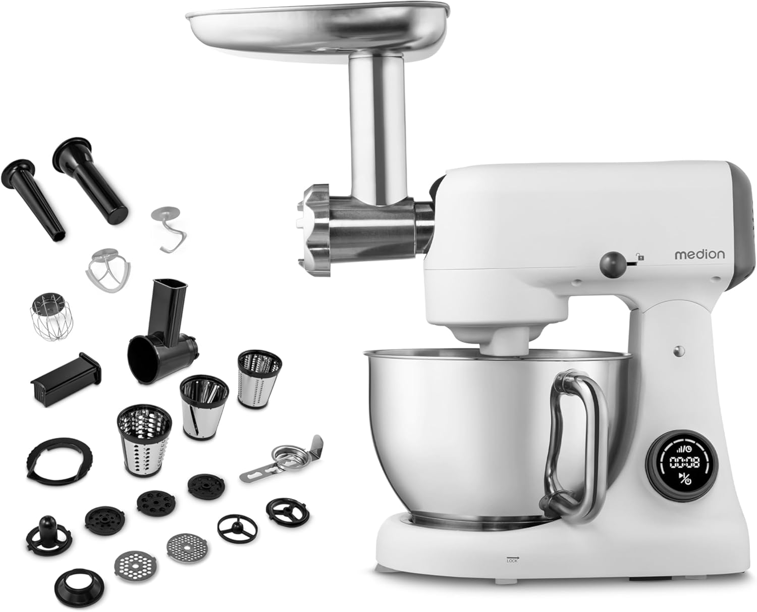 MEDION MD12600 Food Processor with Meat Grinder (800 Watt, Quiet DC Motor, 4.6 Liter Stainless Steel Bowl, Grater Rasps Cutting, Energy Saving, Digital Sensor Touch Display, White