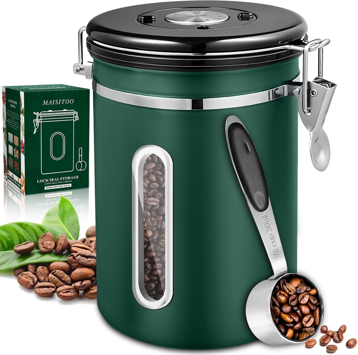 MAISITOO Coffee Canister Airtight 1.8 L, Coffee Bean Container Made of Stainless Steel with Transparent Window, Date Display and Portioner, Storage Container for the Aroma Protection of Your Coffee,