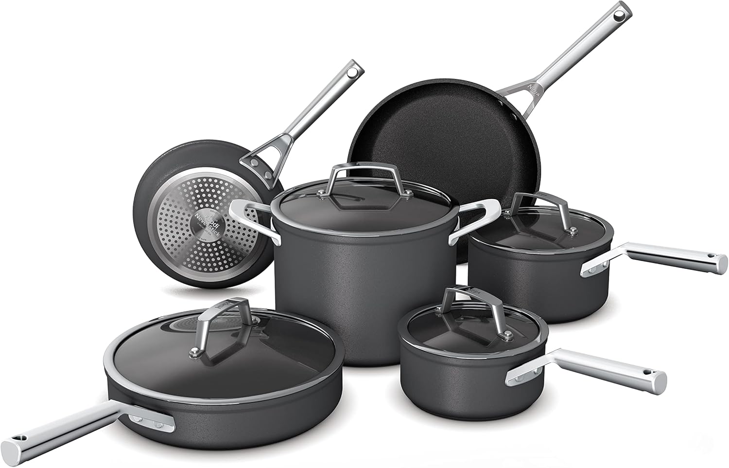 Ninja C39500 Foodi NeverStick Premium Hard Anodized 10-Piece Cookware Set, Guaranteed Never Stick, Durable, Oven Safe to 500 F, Slate Gray