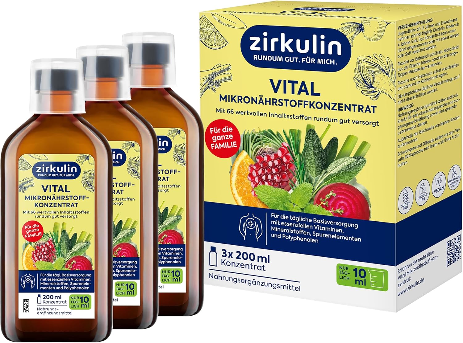 Zirkulin Vital Micronutrient Concentrate (3 x 200 ml) - 60 Day Range - 66 Vital Substances from Fruit, Vegetables & Herbs - Valuable Polyphenols - Vitamins & Minerals for the Family