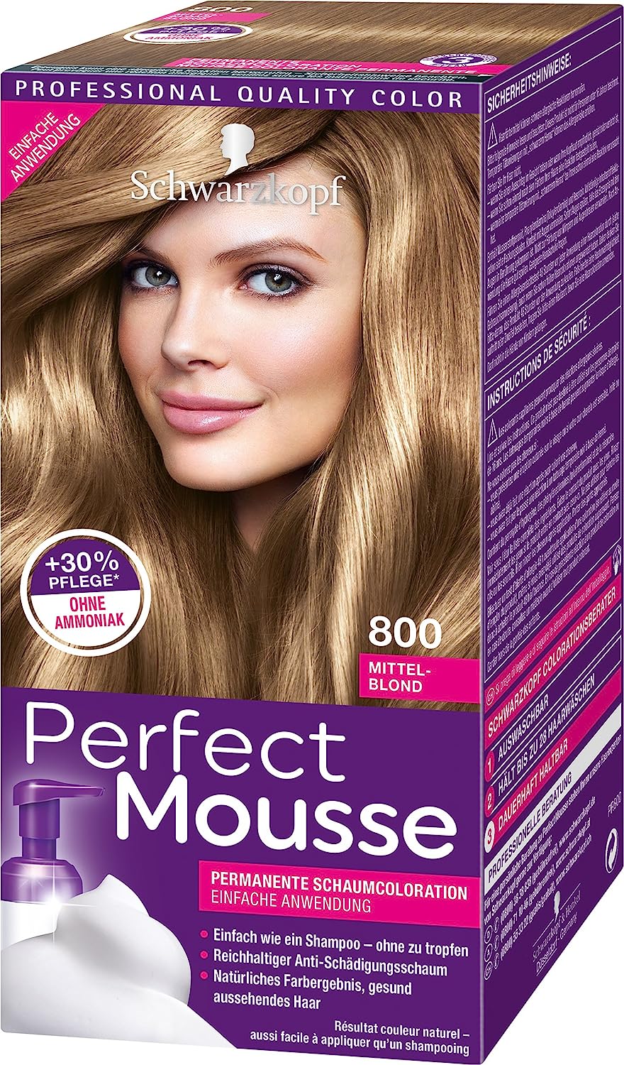 Schwarzkopf Perfect Mousse Permanent Foam Color 800 Medium Blonde Level 3 Pack of 3 x 93 ml