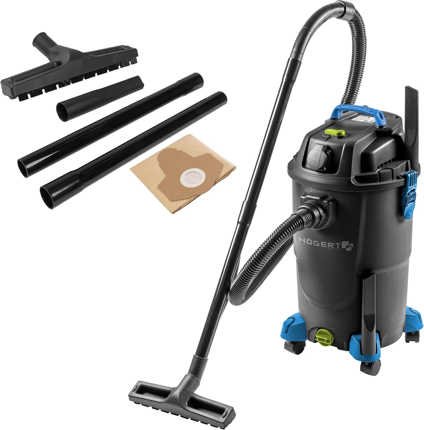 Högert Technik Wet & Dry Vacuum Cleaner, 30L, 1200W, Anti-Static Hose, Blow Function, 2000W Socket, 4 Swivel Wheels, 2m Hose, 4m Cable