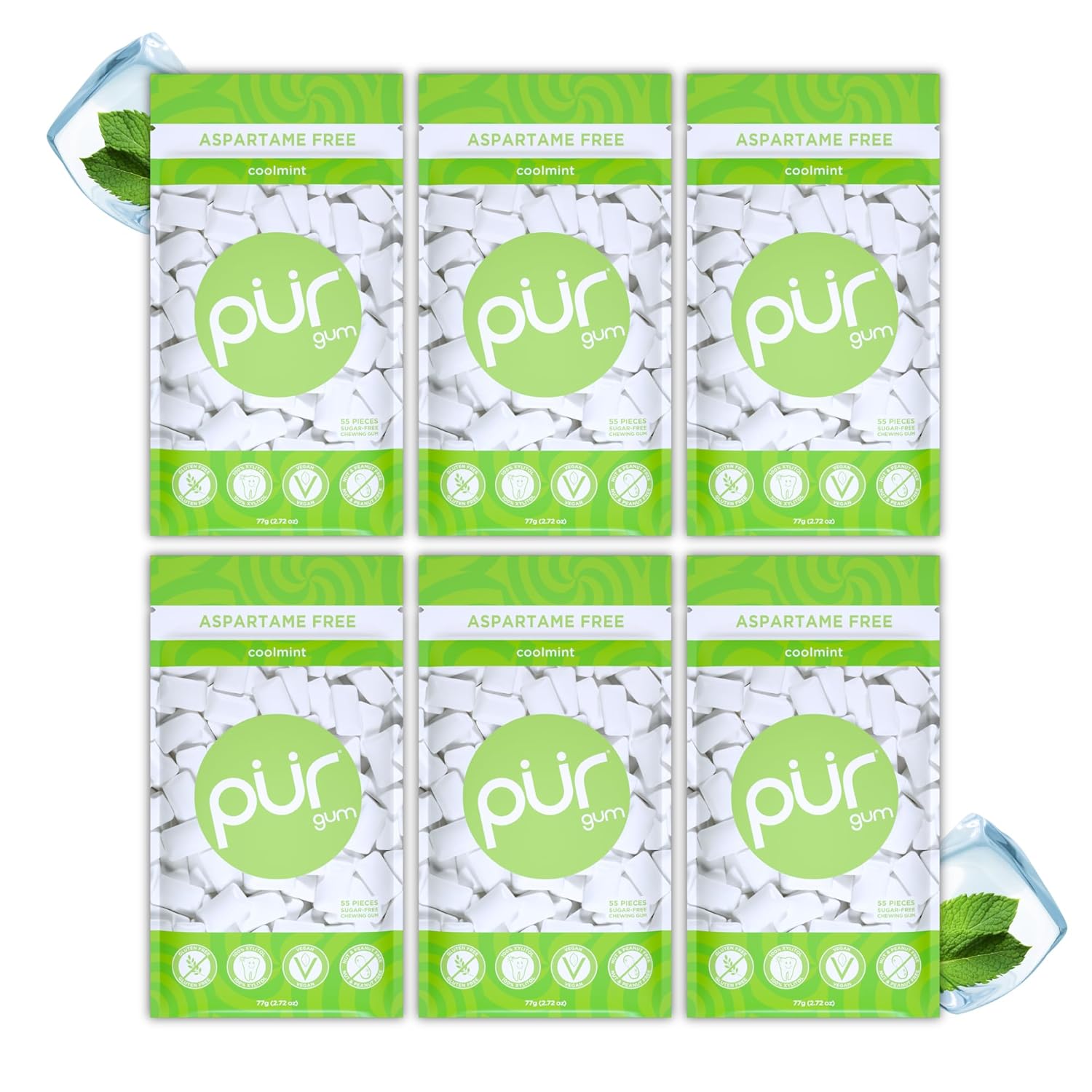 PUR Gum Store PUR Gum | Sugar-Free Chewing Gum | 100% Xylitol | Vegan, Aspartame-Free, Gluten-Free & Diabetic-Friendly | Natural Chewing Gum with Cool Mint Flavor, 55 Pieces (6 Pack)